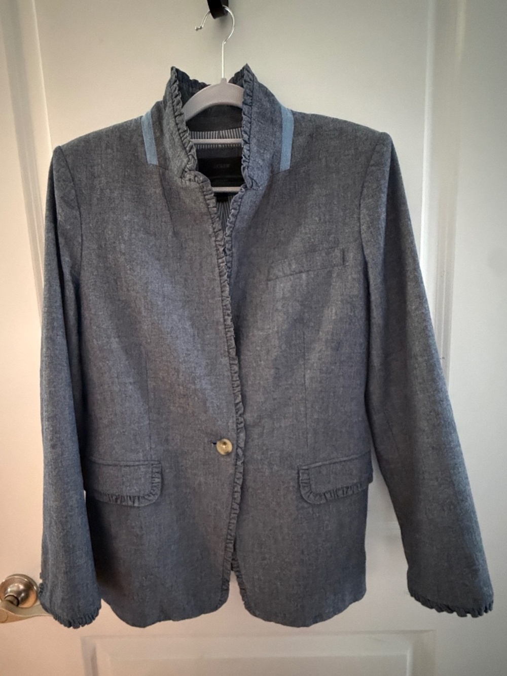J.Crew Chambray Regent Blazer Ruffle Trim Size 12